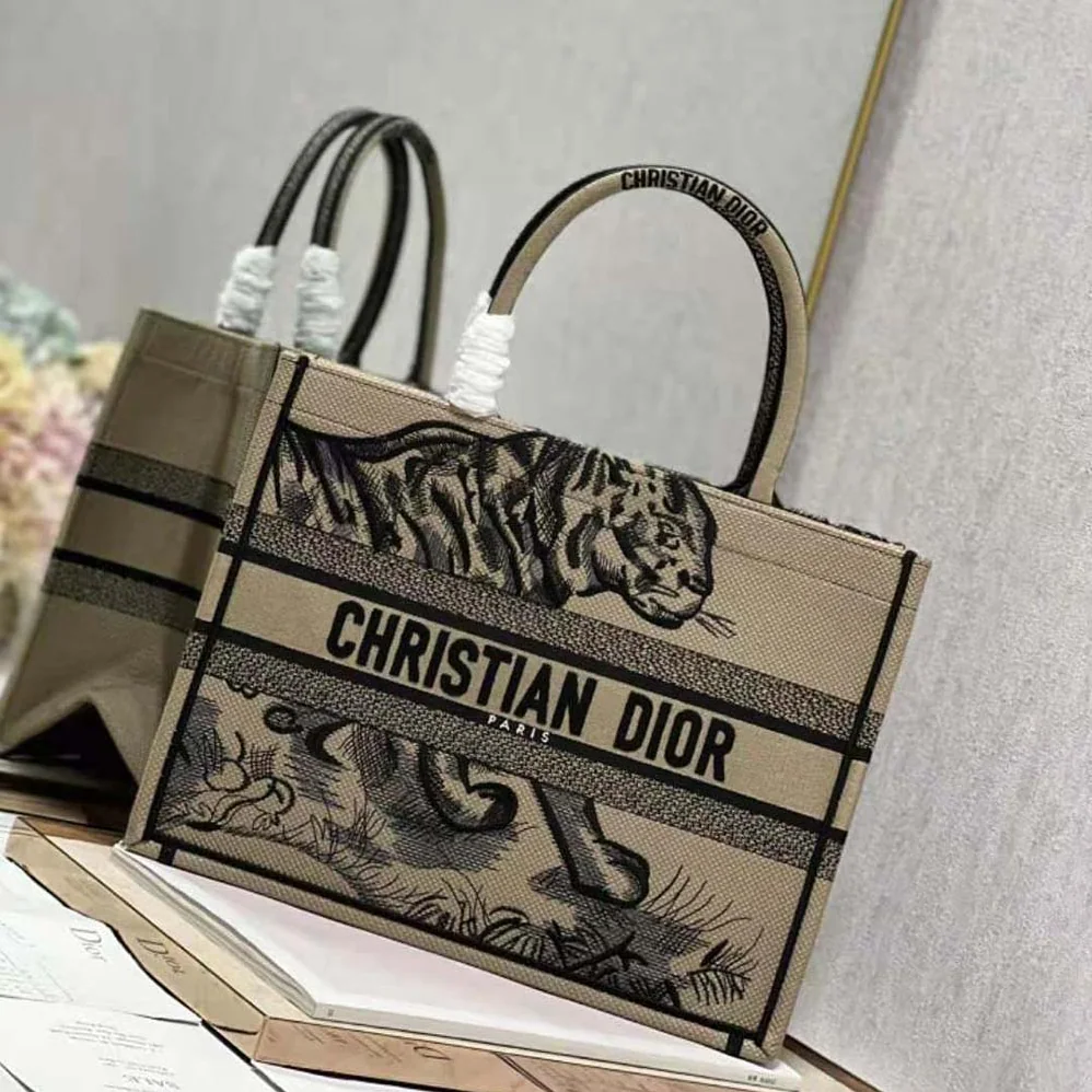 Dior Medium Dior Book Tote Brown and Black Macro Toile de Jouy Tiger Embroidery for Women Dior Medium Dior Book Tote Brown and Black Macro Toile de Jouy Tiger Embroidery for Women