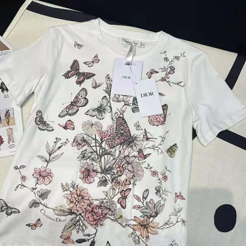 Dior T-Shirt White Cotton Jersey with Pastel Pink Toile de Jouy Mexico Motif for Women Dior T-Shirt White Cotton Jersey with Pastel Pink Toile de Jouy Mexico Motif for Women
