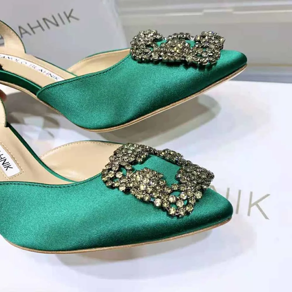 Manolo Blahnik Green Satin Jewel Buckle Slingback Pumps for Women Manolo Blahnik Green Satin Jewel Buckle Slingback Pumps for Women
