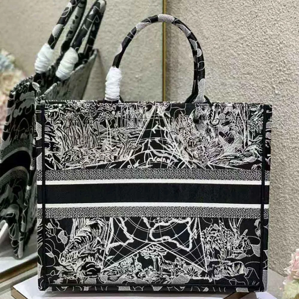 Dior Book Tote Black and White Dior Around the World Embroidery for Women