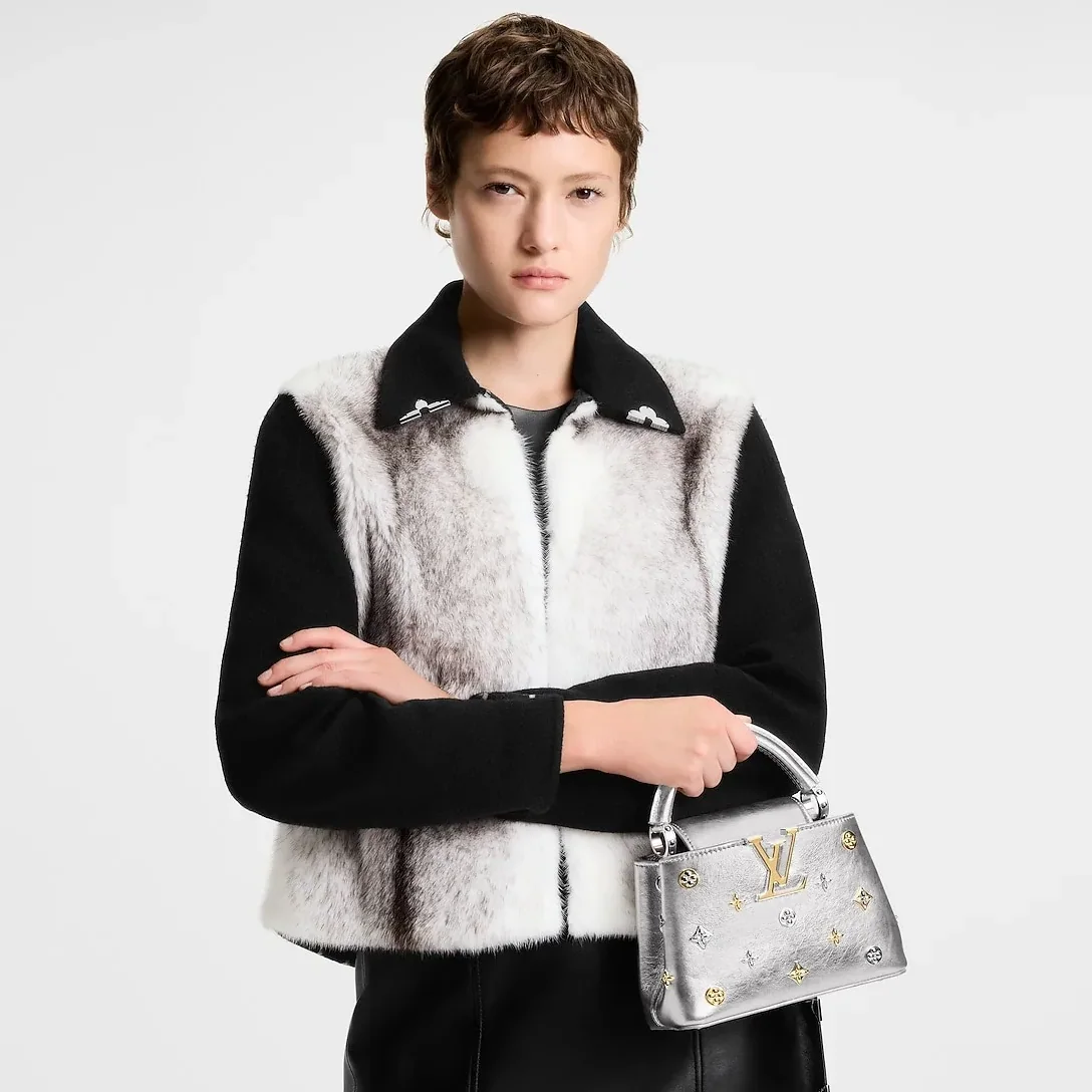Louis Vuitton Capucines Mini Top Handle Bag / Silver Metallic Silver in Gold Hardware