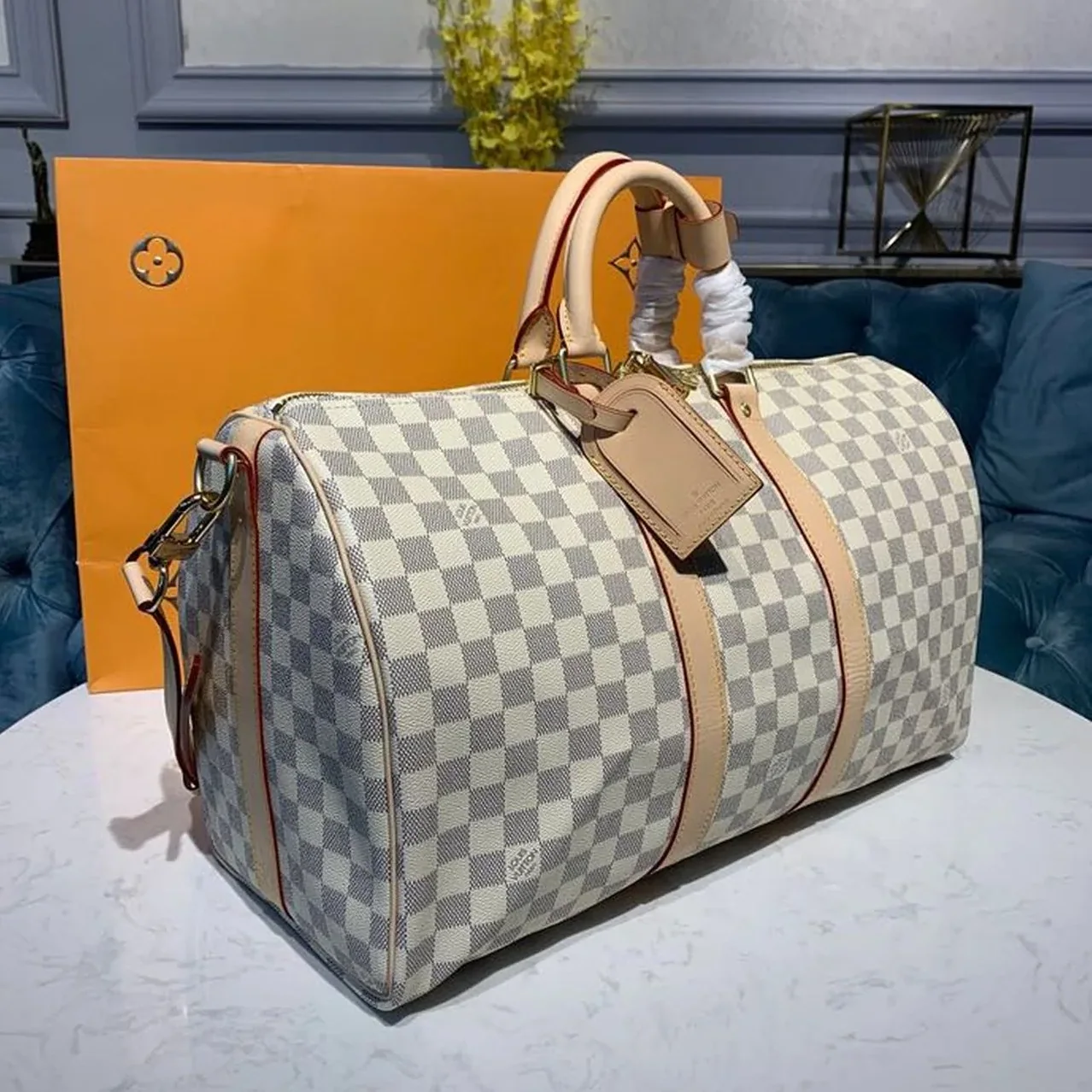 Louis Vuitton Keepall Bandouliere 45 Travel Bag in Damier Azur Gold Hardware Louis Vuitton Keepall Bandouliere 45 Travel Bag in Damier Azur Gold Hardware