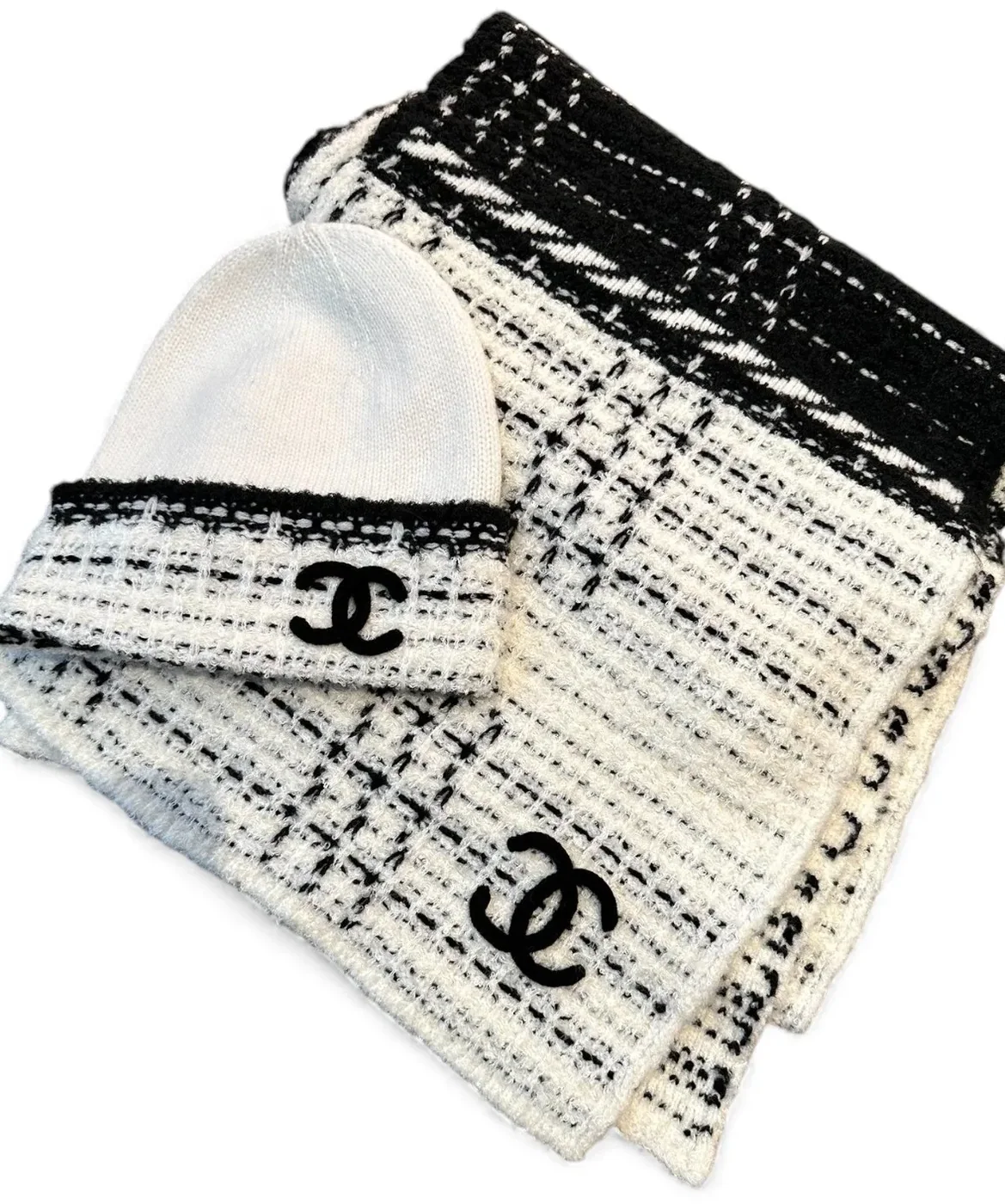 Chanel Scarf And Beanie Set In Black in White Chanel Scarf And Beanie Set In Black in White