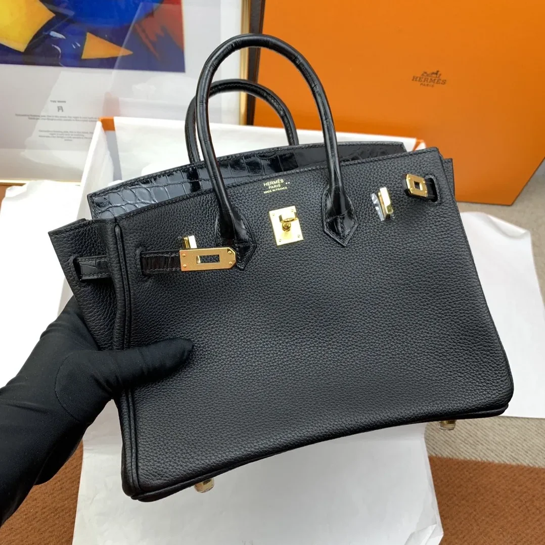 Hermes Birkin Top Handle Bag / Nata Togo Leather Black Gold Hardware