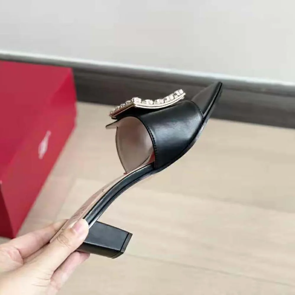 Roger Vivier Biki Love Strass Buckle Mules in Satin for Women in Black Roger Vivier Biki Love Strass Buckle Mules in Satin for Women in Black