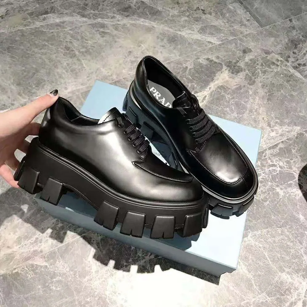 Prada Monolith Brushed Calf Leather Lace-Up Shoes for Women in Black