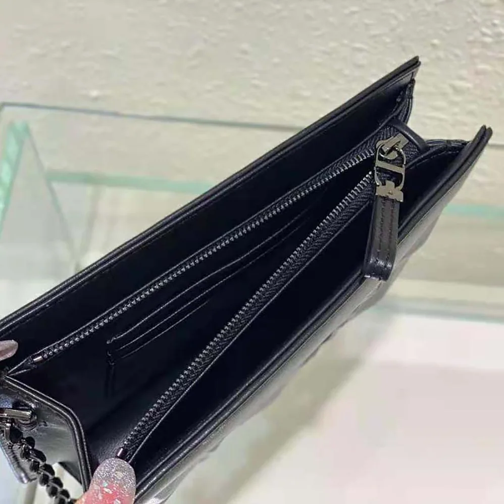 Dior Caro Zipped Pouch with Chain Black Macrocannage Calfskin with Diamond Motif for Women