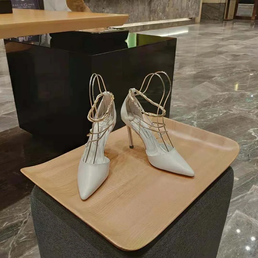 Jimmy Choo Olesia 95 Latte Nappa Pumps with Gold Chains for Women Jimmy Choo Olesia 95 Latte Nappa Pumps with Gold Chains for Women