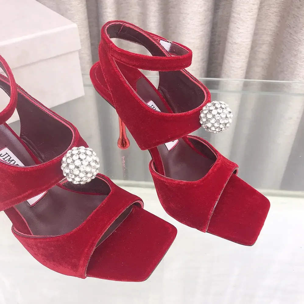 Jimmy Choo Orb 95 Ruby Red Velvet Sandals for Women