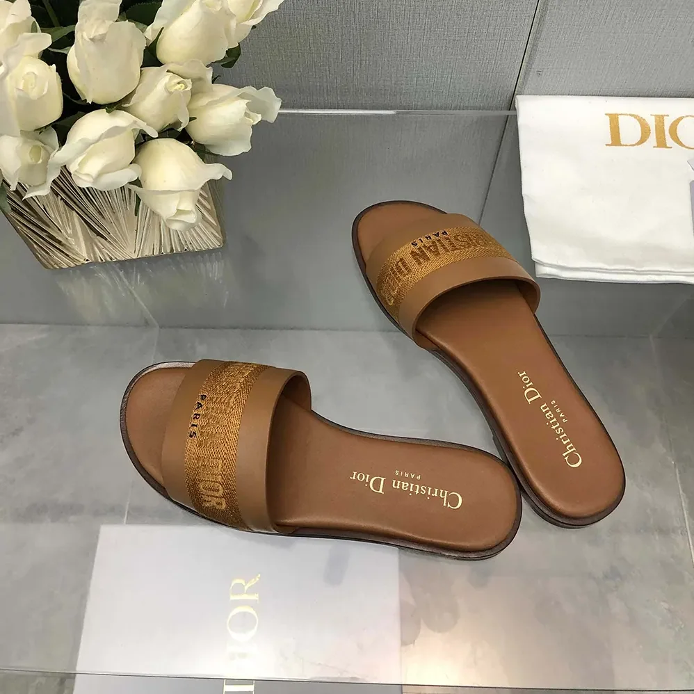 Dior Dway Slide Camel Calfskin and Embroidered Cotton for Women