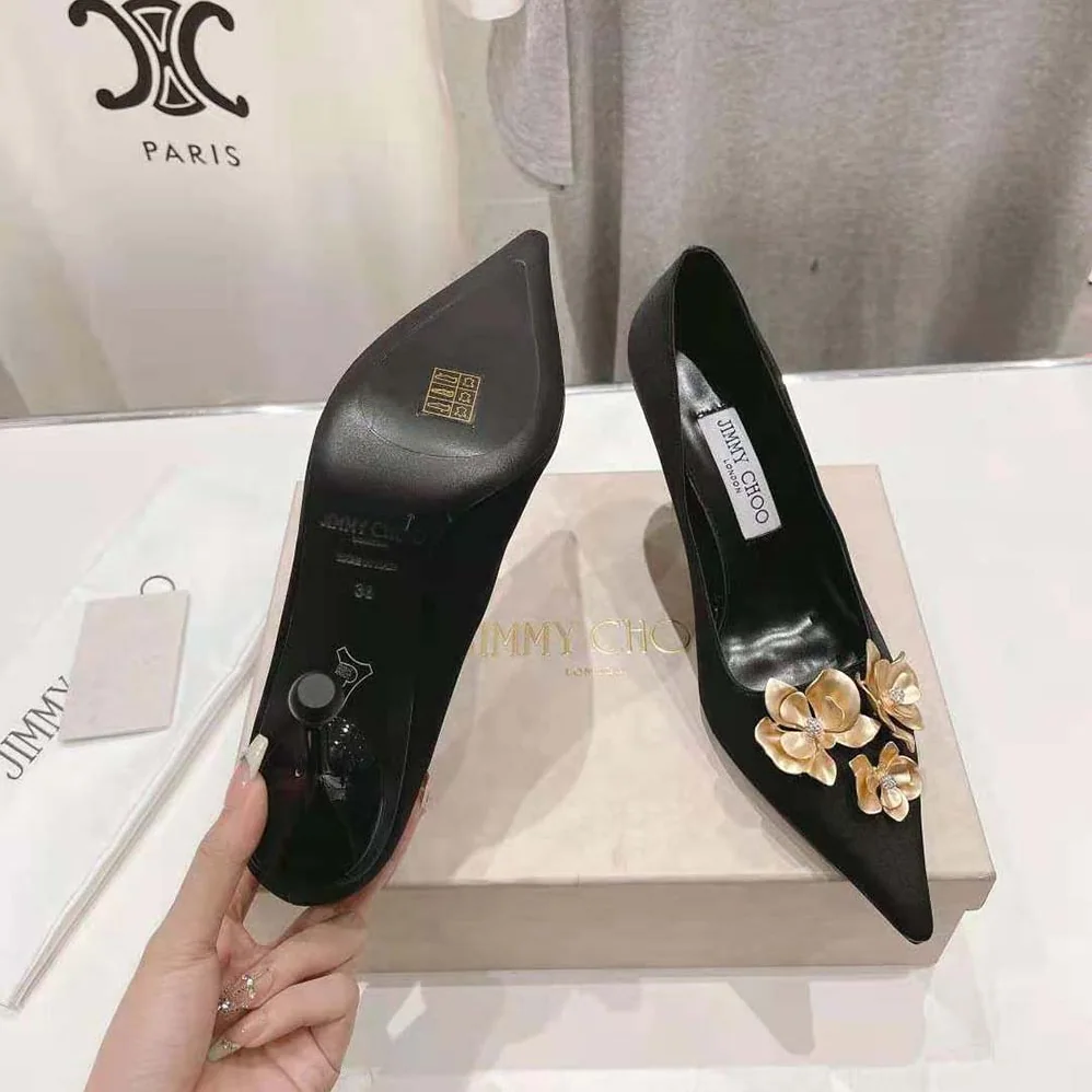 Jimmy Choo Ixia 95 Black Satin Pumps with Flowers-IXIA95BGU for Women