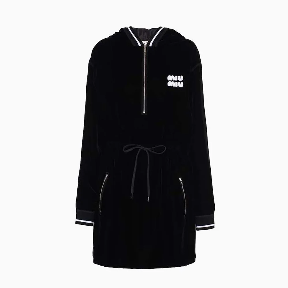 Miu Miu Velvet Short Dress with Signature Embroidered Logo for Women in Black Miu Miu Velvet Short Dress with Signature Embroidered Logo for Women in Black