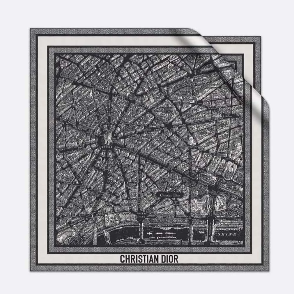 Dior Plan De Paris 90 Square Scarf Black and White Silk Twill for Women