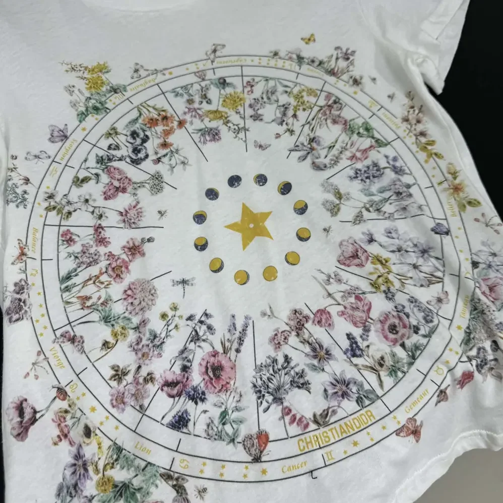 Dior T-Shirt White Cotton Jersey with Multicolor Dior Astral Flowers Motif for Men