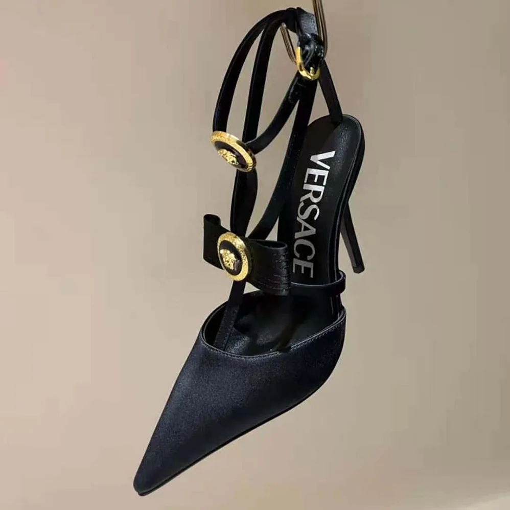 Versace Gianni Ribbon Cage Satin Pumps for Women in Black Versace Gianni Ribbon Cage Satin Pumps for Women in Black