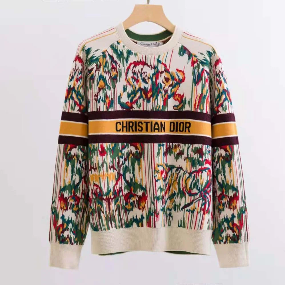 Dior Sweater Multicolor Stretch Cashmere and Wool with Toile de Jouy Motif for Women