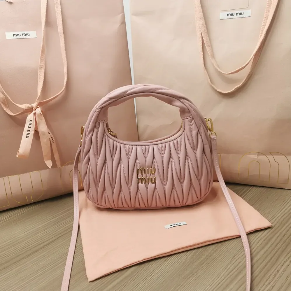 Miu Miu Wander Matelassé Nappa Leather Hobo Bag for Women in Alabaster Pink Miu Miu Wander Matelassé Nappa Leather Hobo Bag for Women in Alabaster Pink