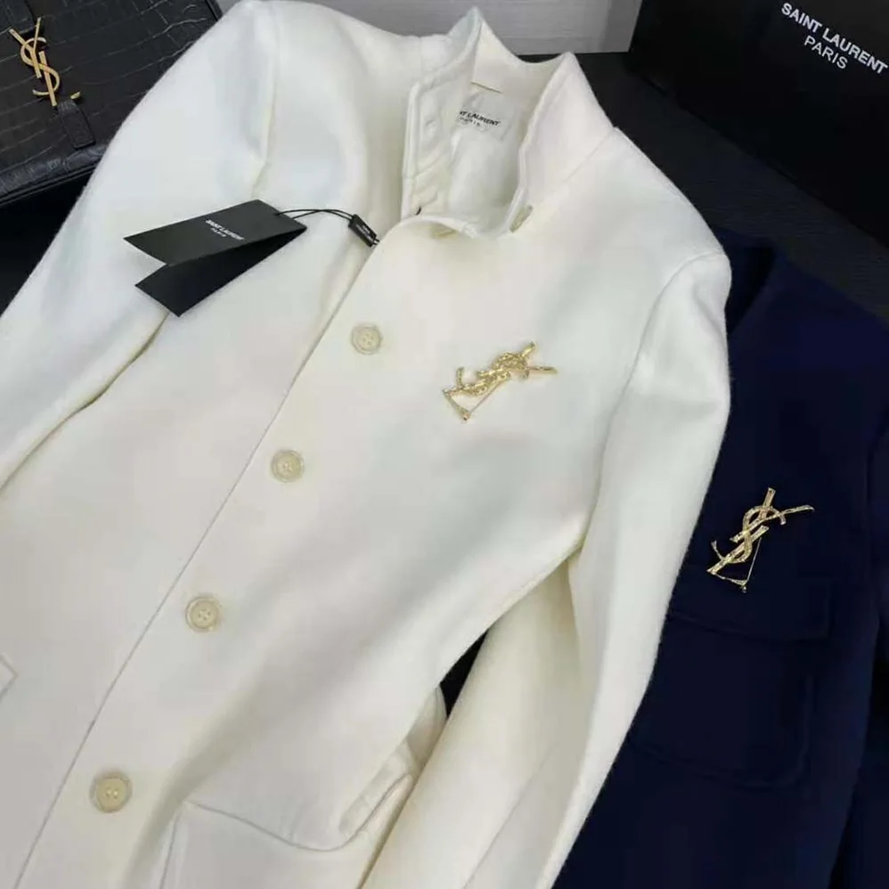 Saint Laurent YSL Long Belted Jacket in Wool Jersey for Women in White