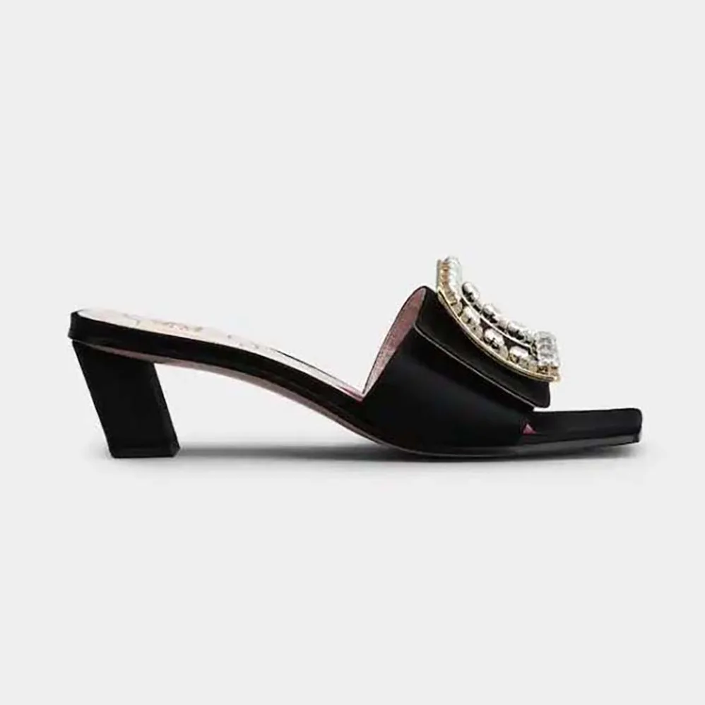 Roger Vivier Biki Love Strass Buckle Mules in Satin for Women in Black Roger Vivier Biki Love Strass Buckle Mules in Satin for Women in Black