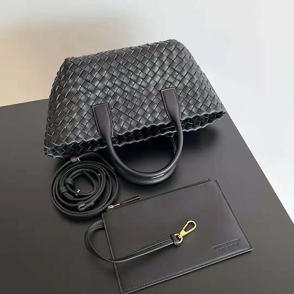 Bottega Veneta Mini Cabat Intreccio Leather Tote Bag with Detachable Strap for Women in Black Bottega Veneta Mini Cabat Intreccio Leather Tote Bag with Detachable Strap for Women in Black