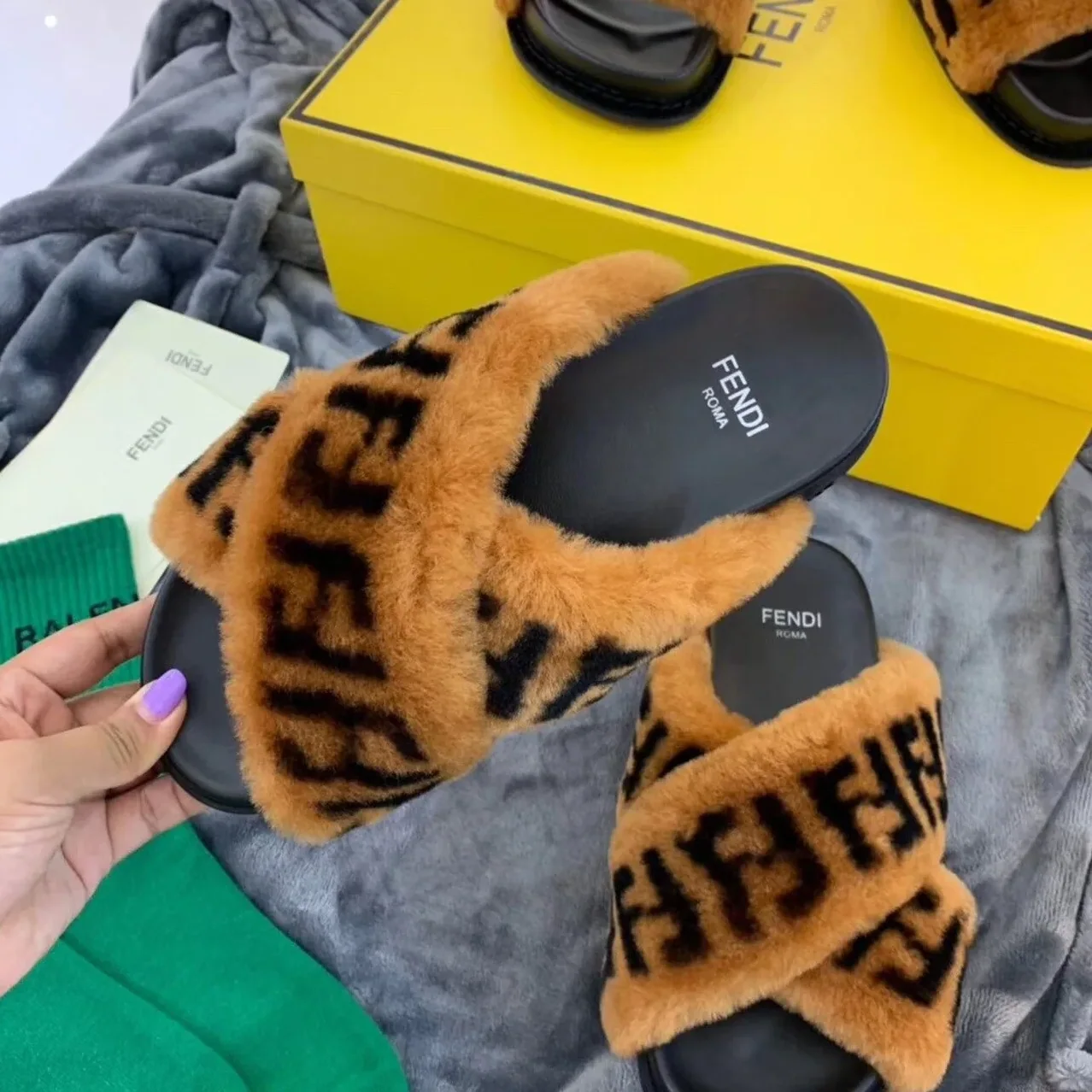 Fendi Shearling FF Logo Leather & Dyed Shearling Fur Cross Slides Fall/Winter 2019 Collection, Black in Brown Fendi Shearling FF Logo Leather & Dyed Shearling Fur Cross Slides Fall/Winter 2019 Collection, Black in Brown