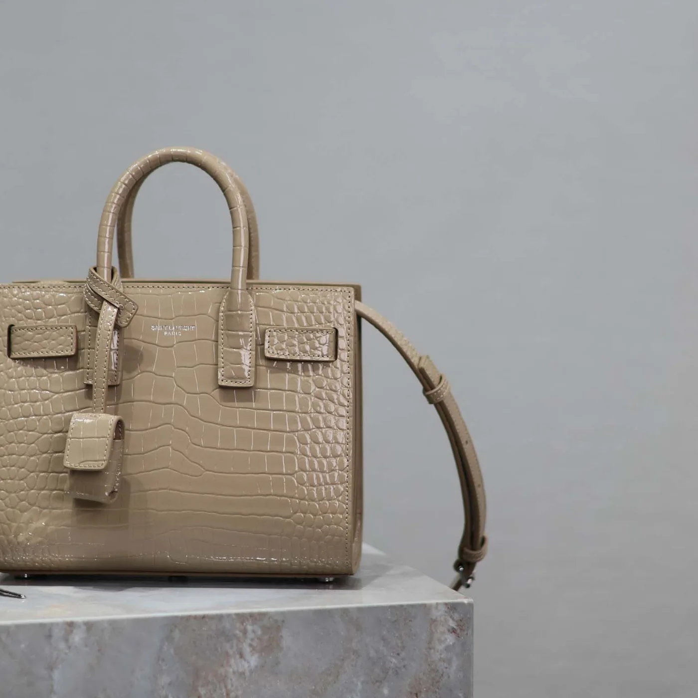 Saint Laurent YSL Sac De Jour in Crocodile Embossed Leather Nano for Women in Sandy Saint Laurent YSL Sac De Jour in Crocodile Embossed Leather Nano for Women in Sandy