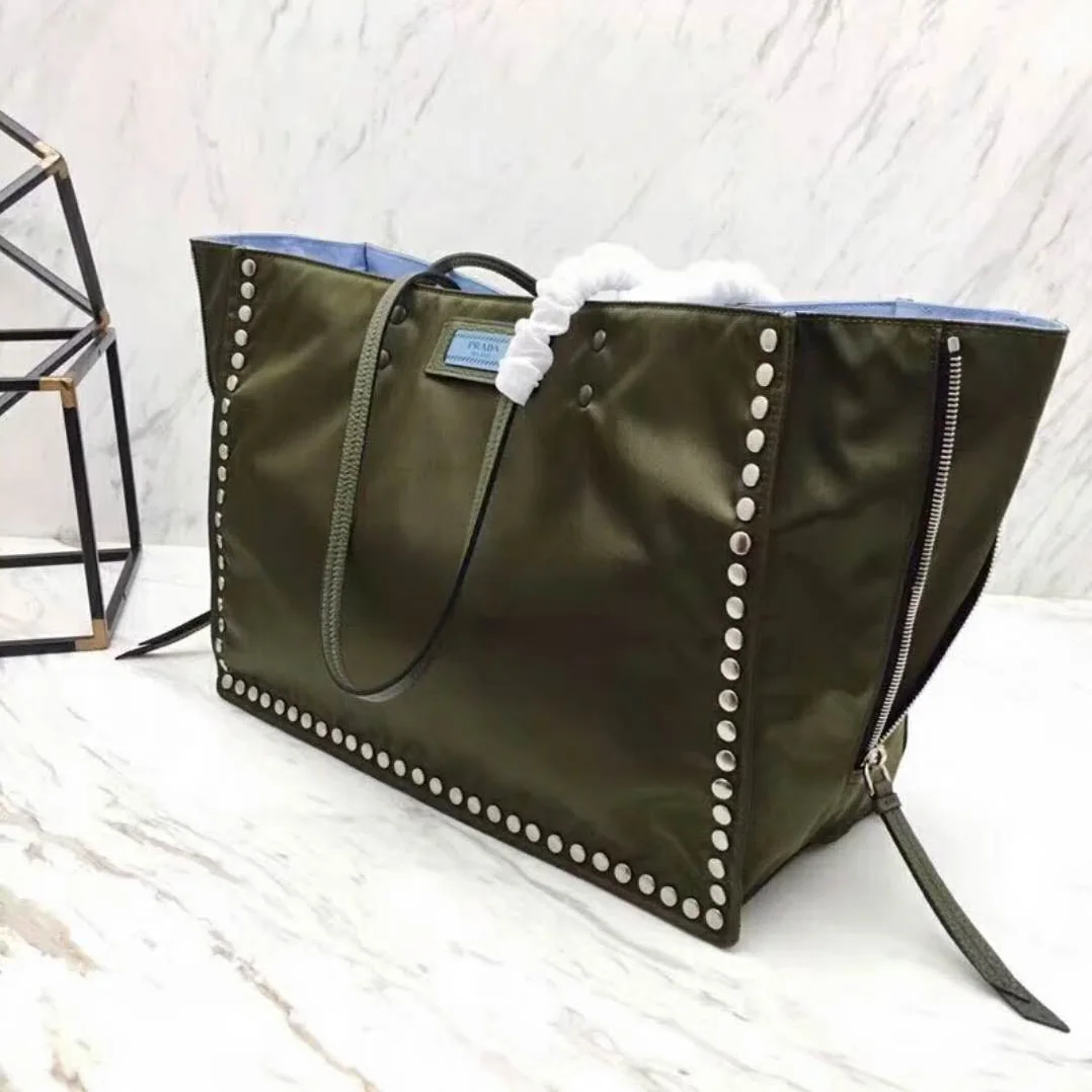 Prada Etiquette Fabric Tote with Metal Stud Trim in Olive Prada Etiquette Fabric Tote with Metal Stud Trim in Olive