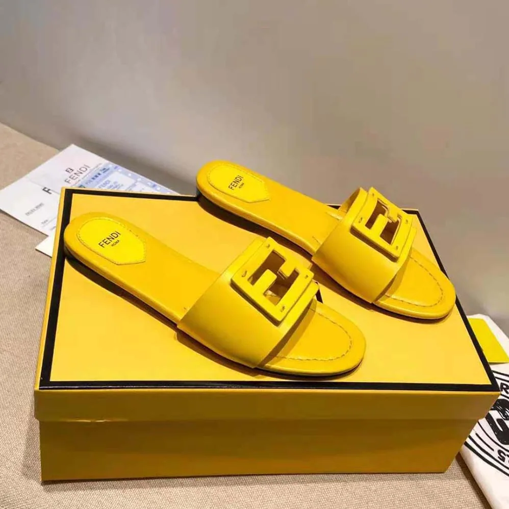 Fendi Signature Yellow Leather Slides in 0.4 inches Heel Height for Women