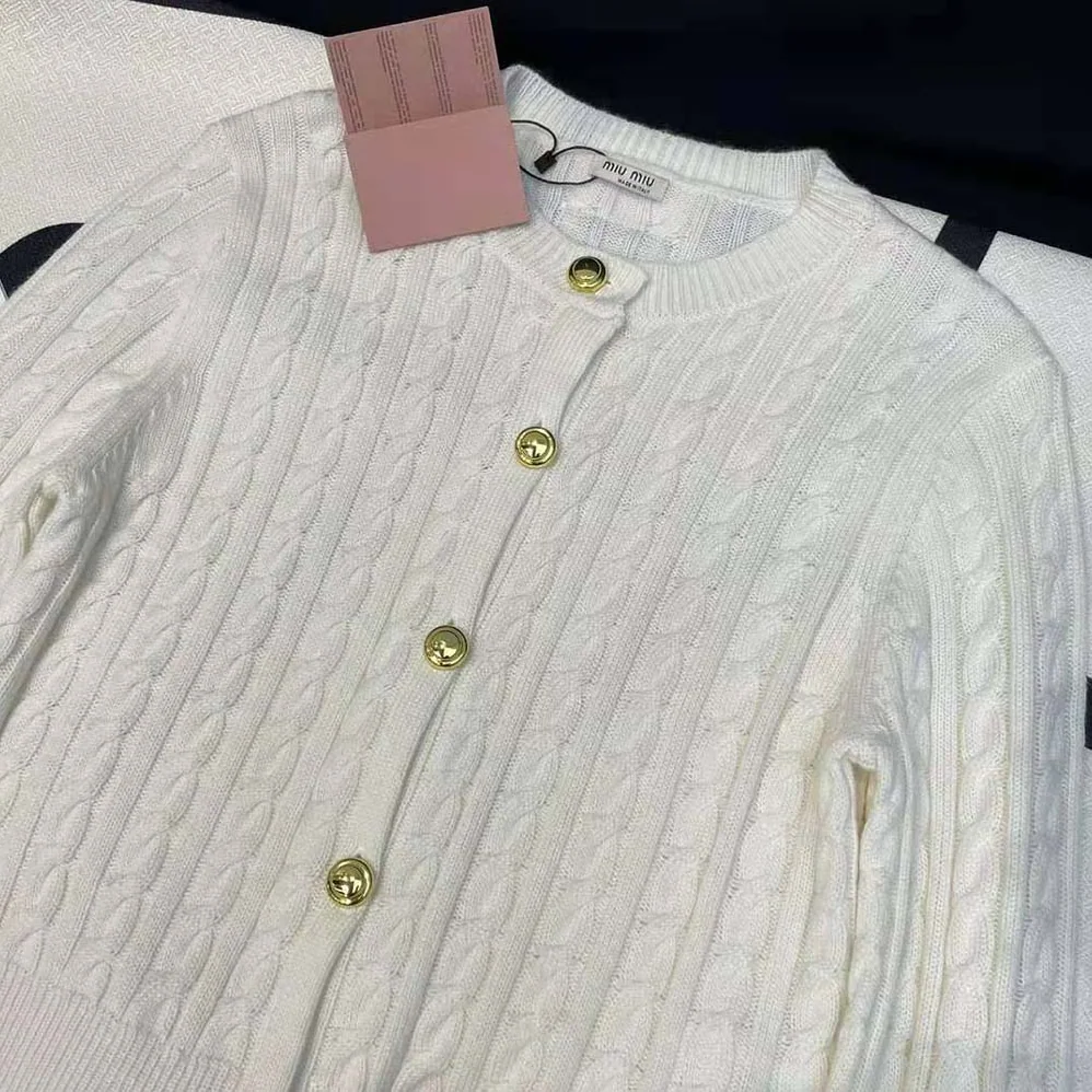 Miu Miu Cashmere Cardigan with Knit Logo Patch for Women Miu Miu Cashmere Cardigan with Knit Logo Patch for Women