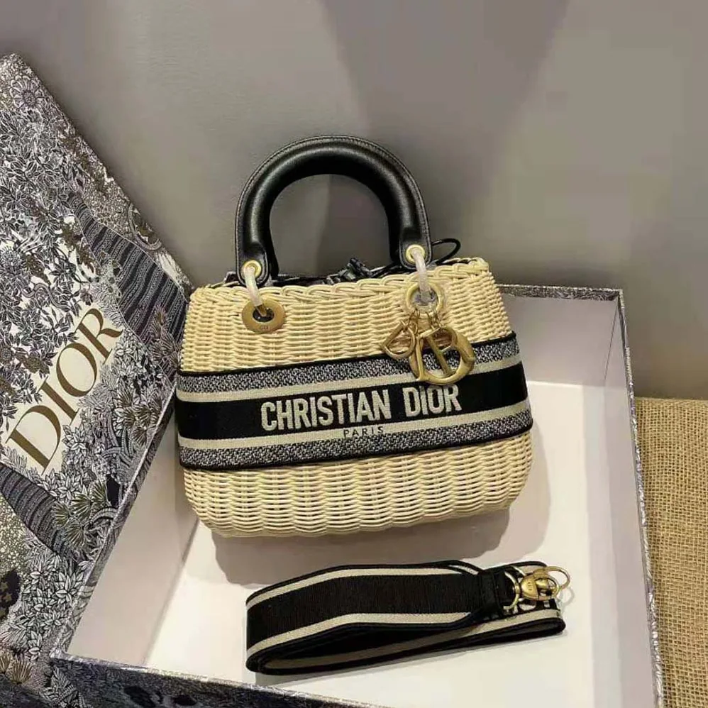 Dior Medium Lady Dior Bag Natural Wicker and Navy Dior Oblique Jacquard for Women Dior Medium Lady Dior Bag Natural Wicker and Navy Dior Oblique Jacquard for Women