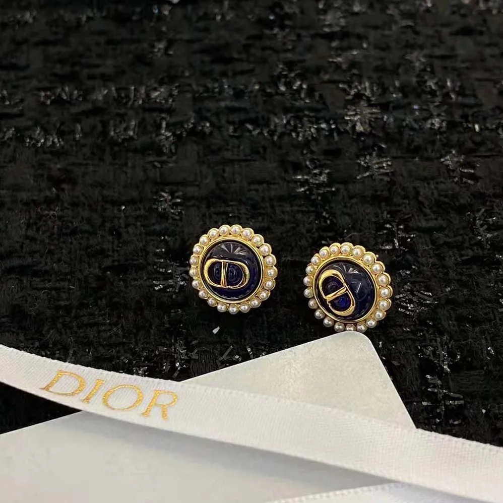 Dior Petit CD Studs Earrings Gold-Finish Metal and White Resin Pearls with Black Glass for Women