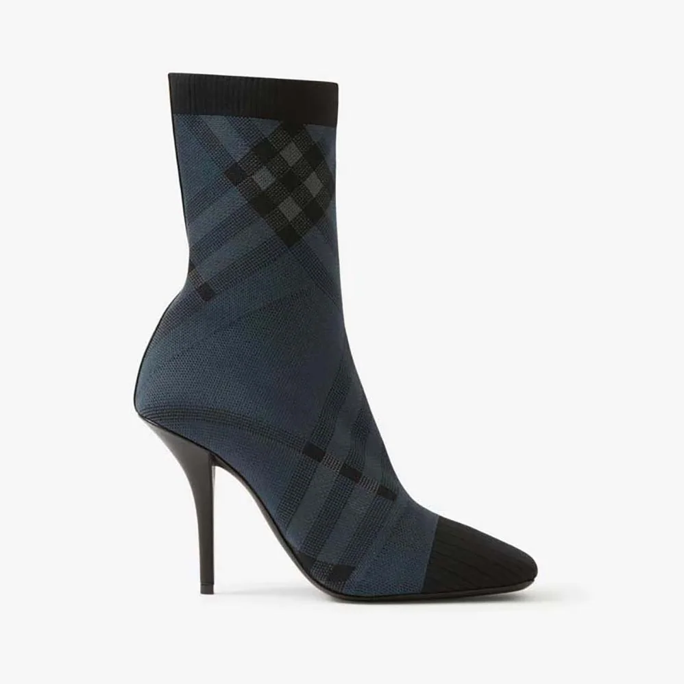 Burberry Knitted Check Sock Boots for Women in Navy Burberry Knitted Check Sock Boots for Women in Navy