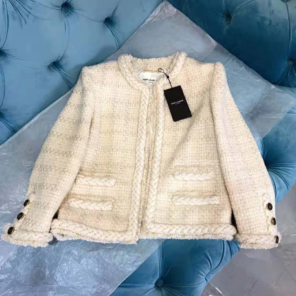 Saint Laurent YSL Short Jacket in Check Wool and Silk Tweed for Women Saint Laurent YSL Short Jacket in Check Wool and Silk Tweed for Women