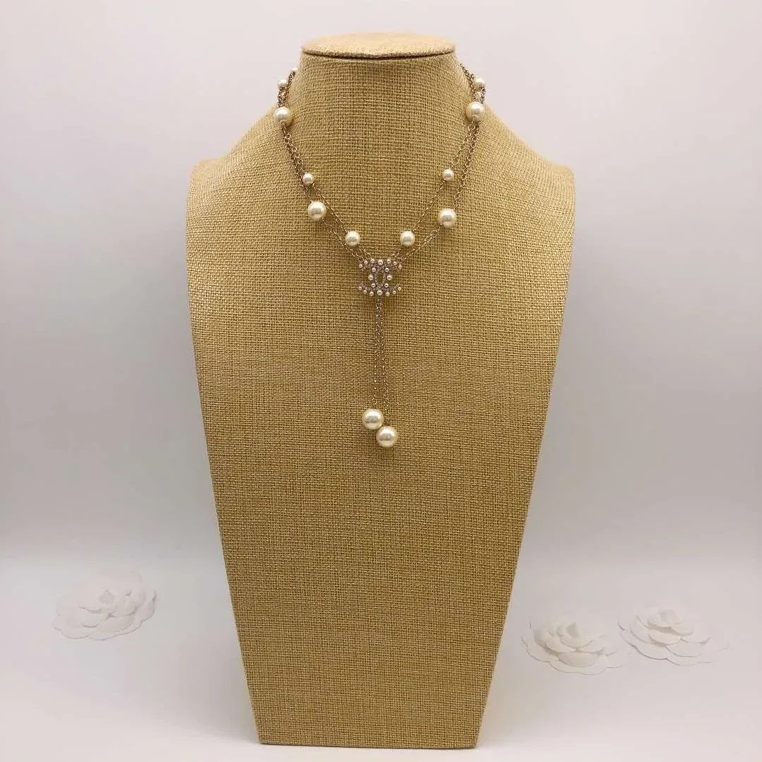 Chanel Pearl Double C Rice Beads Large And Small Necklace Gold Chanel Pearl Double C Rice Beads Large And Small Necklace Gold