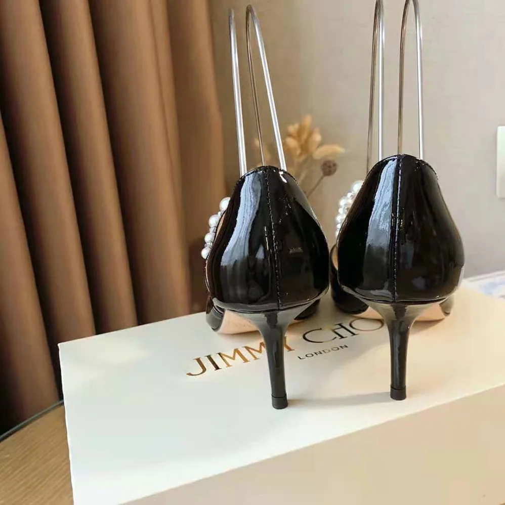 Jimmy Choo Aurelie 85 Black Patent Leather Pointed Pumps with Pearl Embellishment for Women Jimmy Choo Aurelie 85 Black Patent Leather Pointed Pumps with Pearl Embellishment for Women