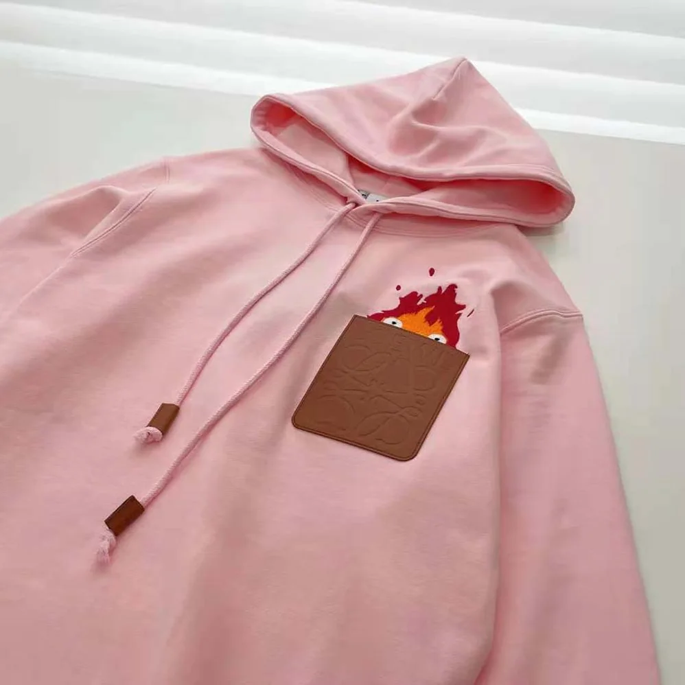 Loewe Calcifer Leather Patch Hoodie in Cotton for Women in Pink Loewe Calcifer Leather Patch Hoodie in Cotton for Women in Pink
