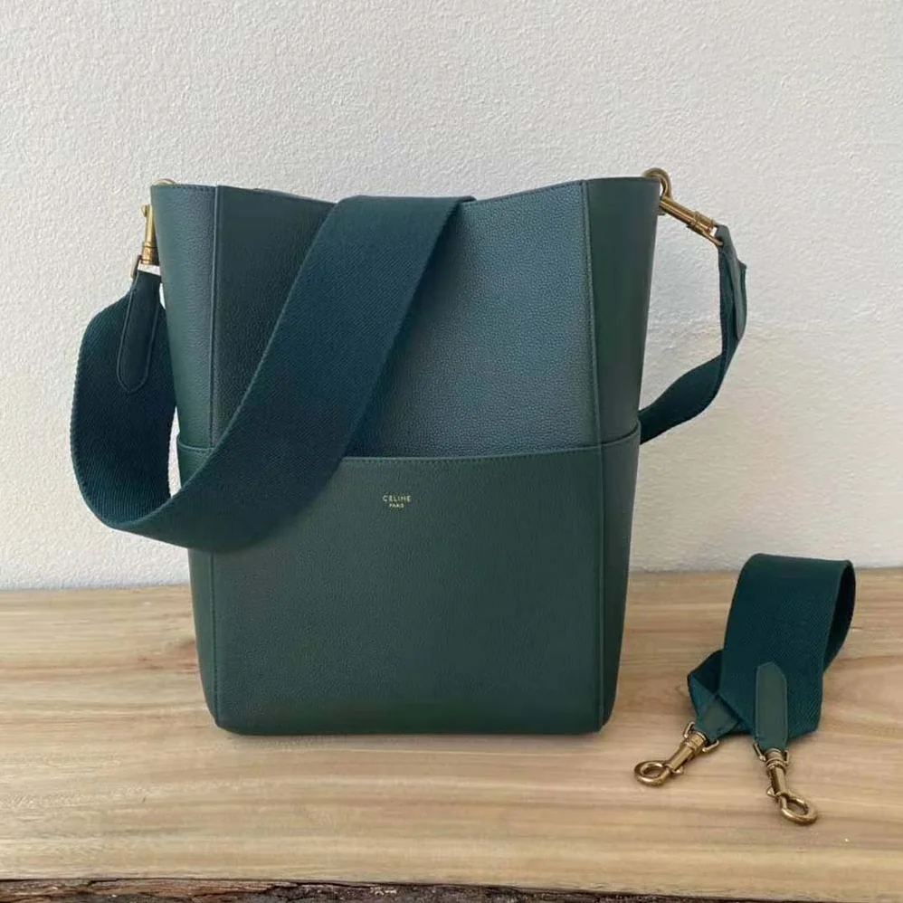 Celine Sangle Bucket Bag in Soft Grained Calfskin for Women in Green Celine Sangle Bucket Bag in Soft Grained Calfskin for Women in Green
