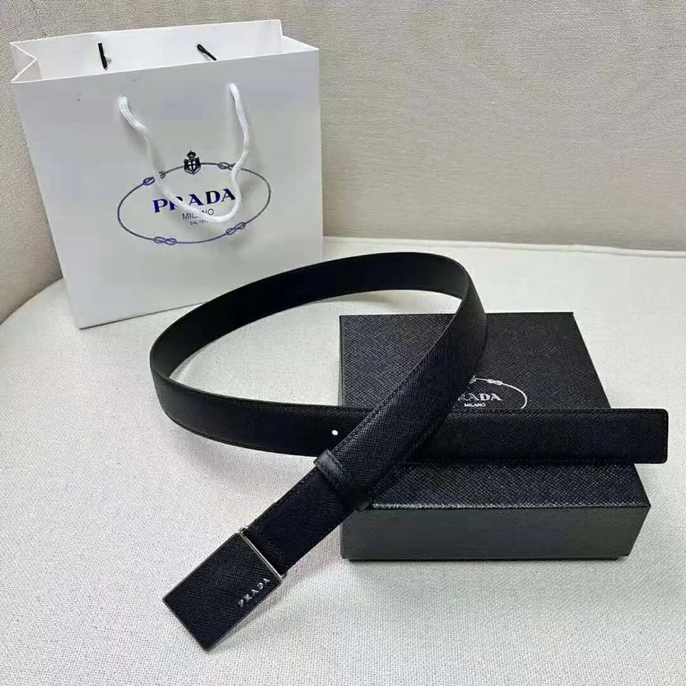 Prada Saffiano Leather Belt with Metal Lettering Logo for Men in Black Prada Saffiano Leather Belt with Metal Lettering Logo for Men in Black