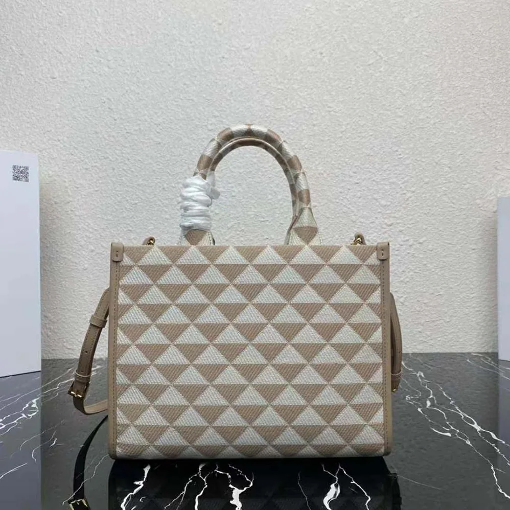 Prada Small Prada Symbole Embroidered Fabric Handbag for Women in Beige