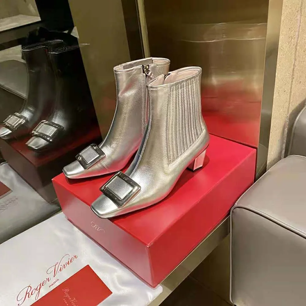 Roger Vivier Belle Vivier Metal Buckle Chelsea Booties in Soft Leather for Women