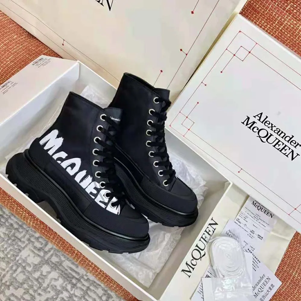 Alexander Mcqueen Tread Slick Boot Black/White Polyfaille Lace for Women in up Boot