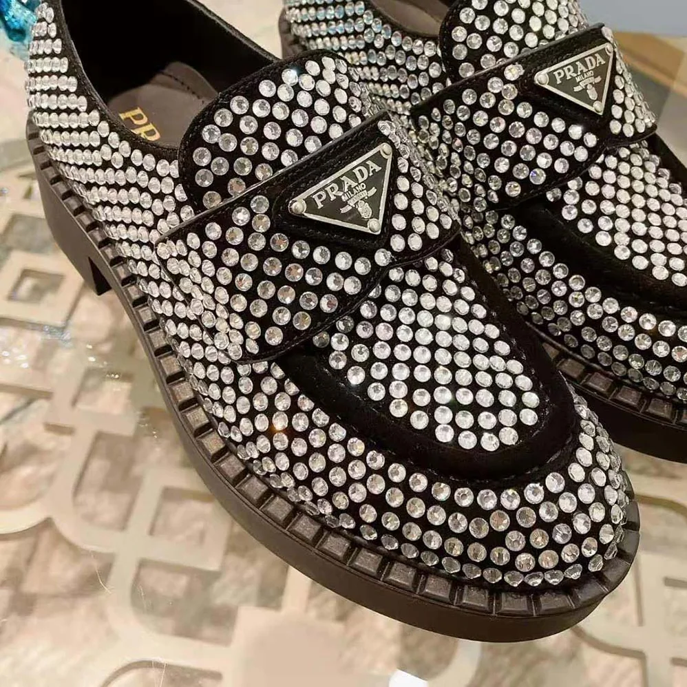 Prada Chocolate Satin Loafers with Crystals for Women in Silver Prada Chocolate Satin Loafers with Crystals for Women in Silver