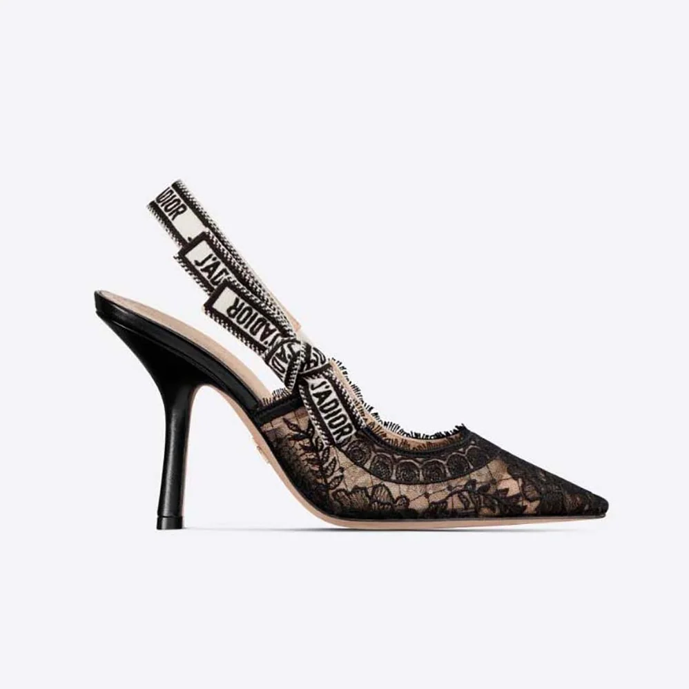 Dior J'Adior Slingback Pump Black Transparent Mesh Embroidered with Dior Roses Motif for Women