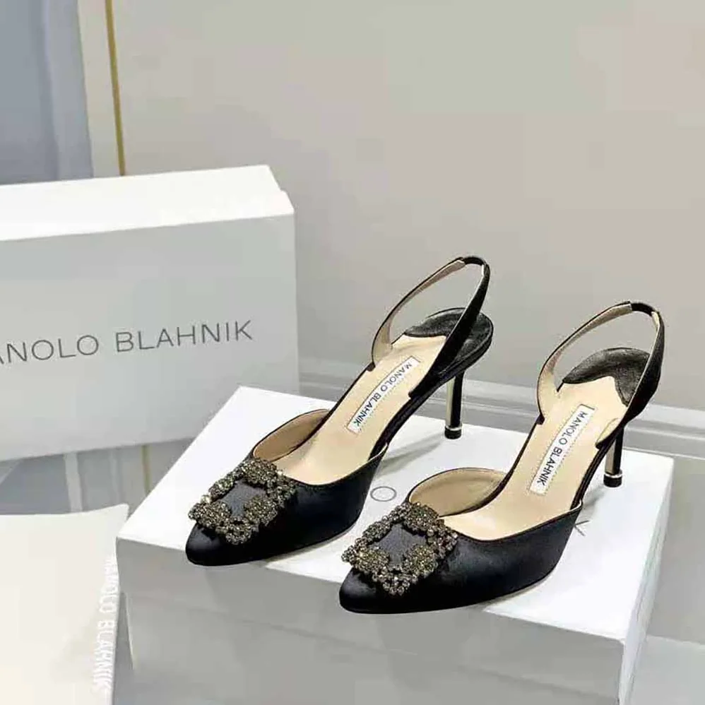 Manolo Blahnik Black Satin Jewel Buckle Slingback Pumps for Women Manolo Blahnik Black Satin Jewel Buckle Slingback Pumps for Women