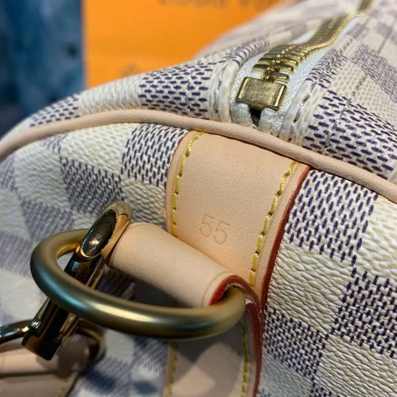 Louis Vuitton Keepall Bandouliere 55 Travel Bag in Damier Azur Gold Hardware Louis Vuitton Keepall Bandouliere 55 Travel Bag in Damier Azur Gold Hardware