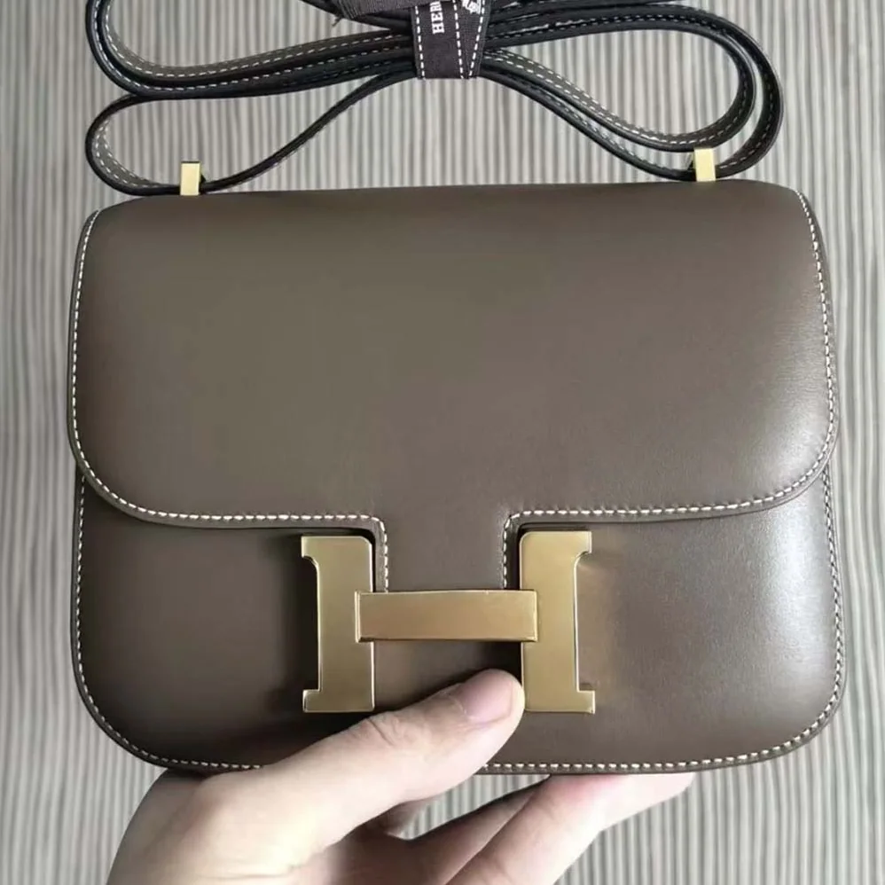 Hermes Constance 19 Bag Box Calf Leather for Women in Grey/Gold