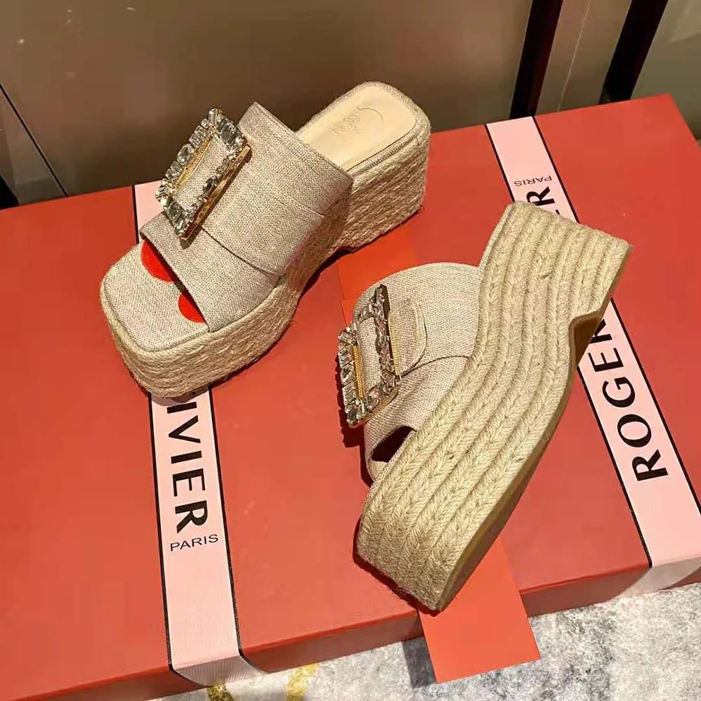 Roger Vivier Strass Buckle Espadrille Platform Mules in Fabrics for Women Roger Vivier Strass Buckle Espadrille Platform Mules in Fabrics for Women
