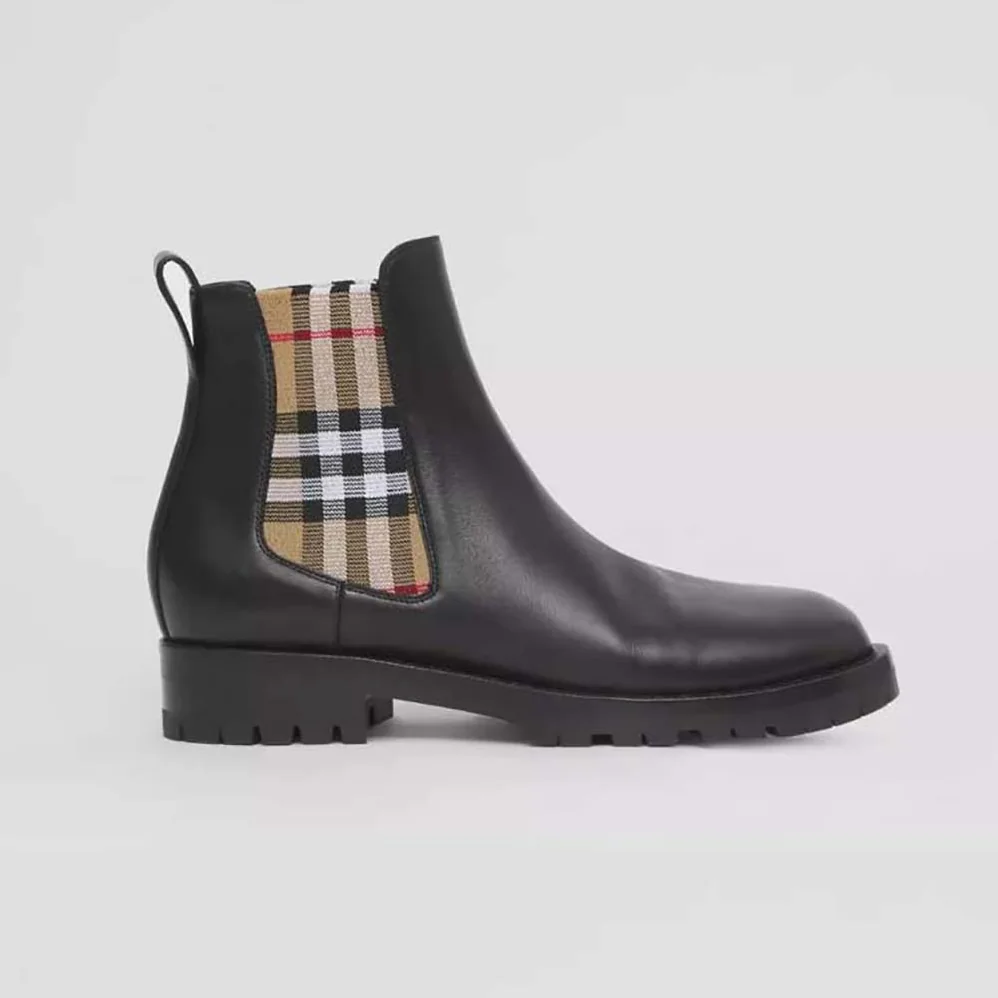 Burberry Vintage Check Detail Leather Chelsea Boots for Women in Black Burberry Vintage Check Detail Leather Chelsea Boots for Women in Black