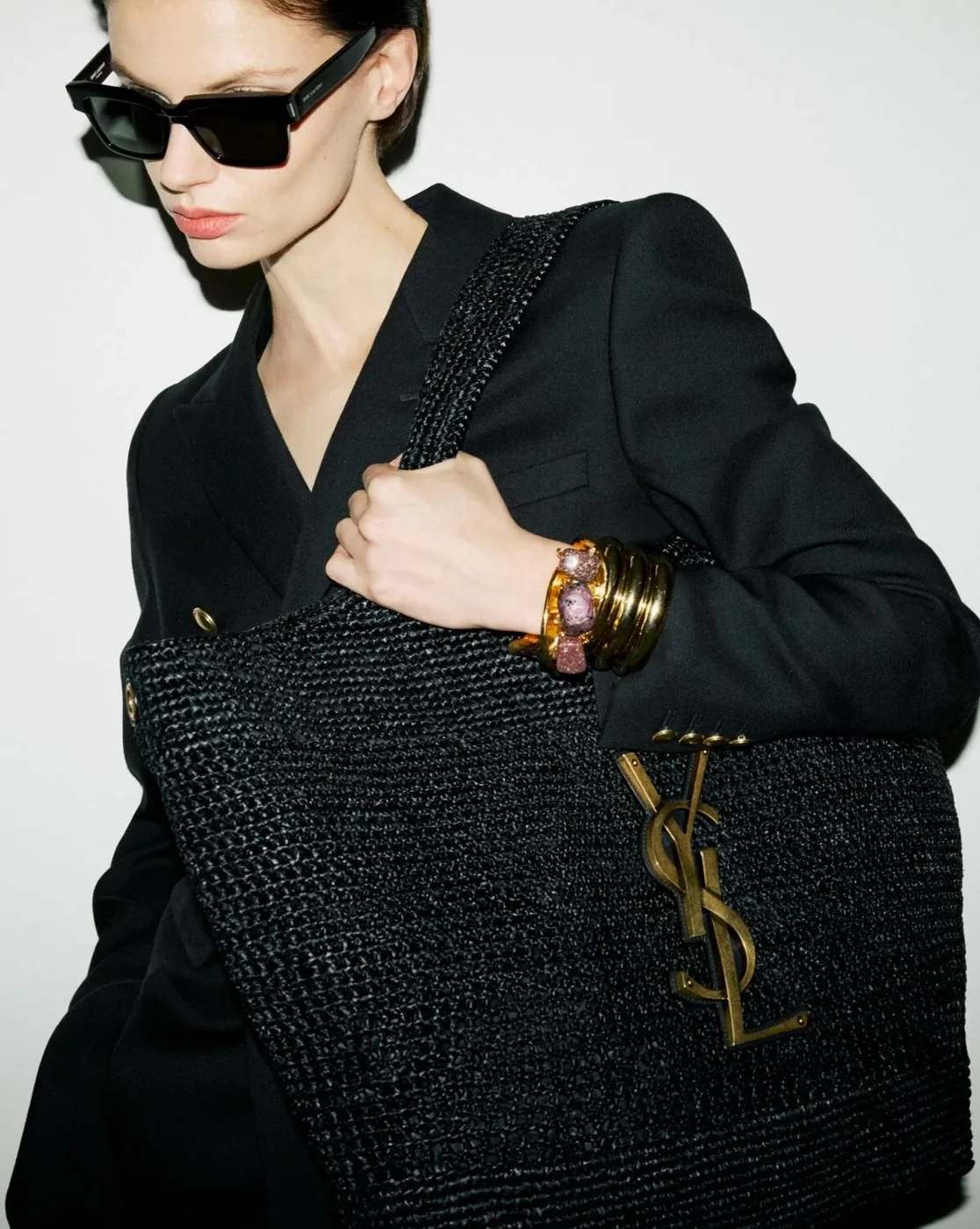 Saint Laurent Icare Maxi Tote Bag in Black Raffia Bronze Hardware