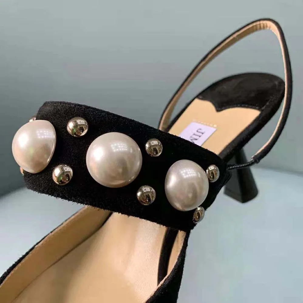 Jimmy Choo Breslin 100 Black Suede Slingbacks with Pearl and Stud Embellishment for Women